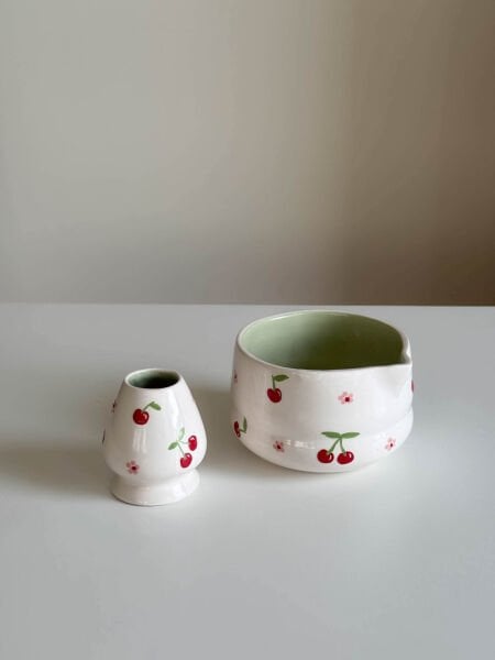 Kirazlı Matcha Chawan & Whisk Tutucu Seti